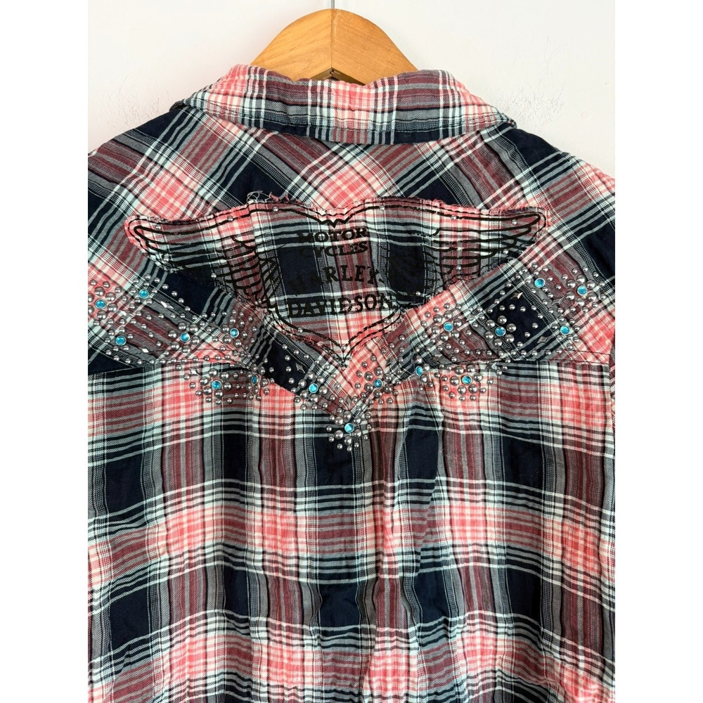 Harley Davidson Womens Plaid Embroidered Studs Shirt Medium Biker Moto - Picture 10 of 11